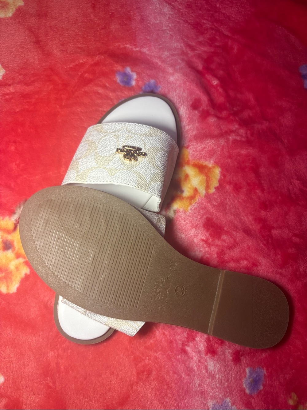 Coach Cream & White Signature Slide Sandals with Gold Logo